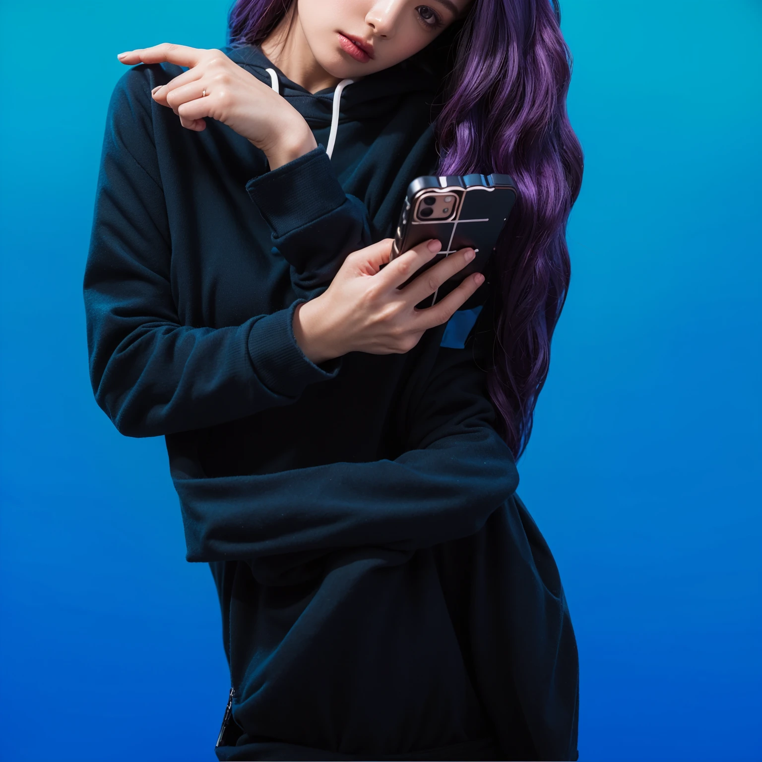 The image features a young woman with striking purple hair, wearing a cozy blue hoodie. She's engaged in using her smartphone, which she holds with a focused intensity. Her makeup is dramatic, featuring dark purple lipstick that complements her vibrant hair. The simplicity of her attire contrasts with her vivid hair and makeup, adding an intriguing layer to her appearance. The blue background complements her outfit, enhancing the overall cool tone of the image. The overall composition of the image is both eye-catching and charming, effectively conveying a sense of joy and creativity.ffects render, (glossy plastic texture with multiple big light probe refractions), perfect cgi, smooth silhouette, high intensity refraction, (super glossy plastic material), most beautiful vfx, , realistic, 4k, high resolution, rim light, smooth 3d model, multiple light sources, rim light, sharp post effects render,, realistic, 4k, high resolution, rim light detailed digital art, reflective, best quality, 4k, masterpiece:1.2, ultra-detailed, realistic, vivid colors, The image of the highest quality, ensuring every detail showcased perfectly. It in 4k resolution, allowing viewers to immerse themselves in the richness of the colors and intricate details. The realistic rendering. under the spotlight, reflecting, high-resolution image, realistic rendering