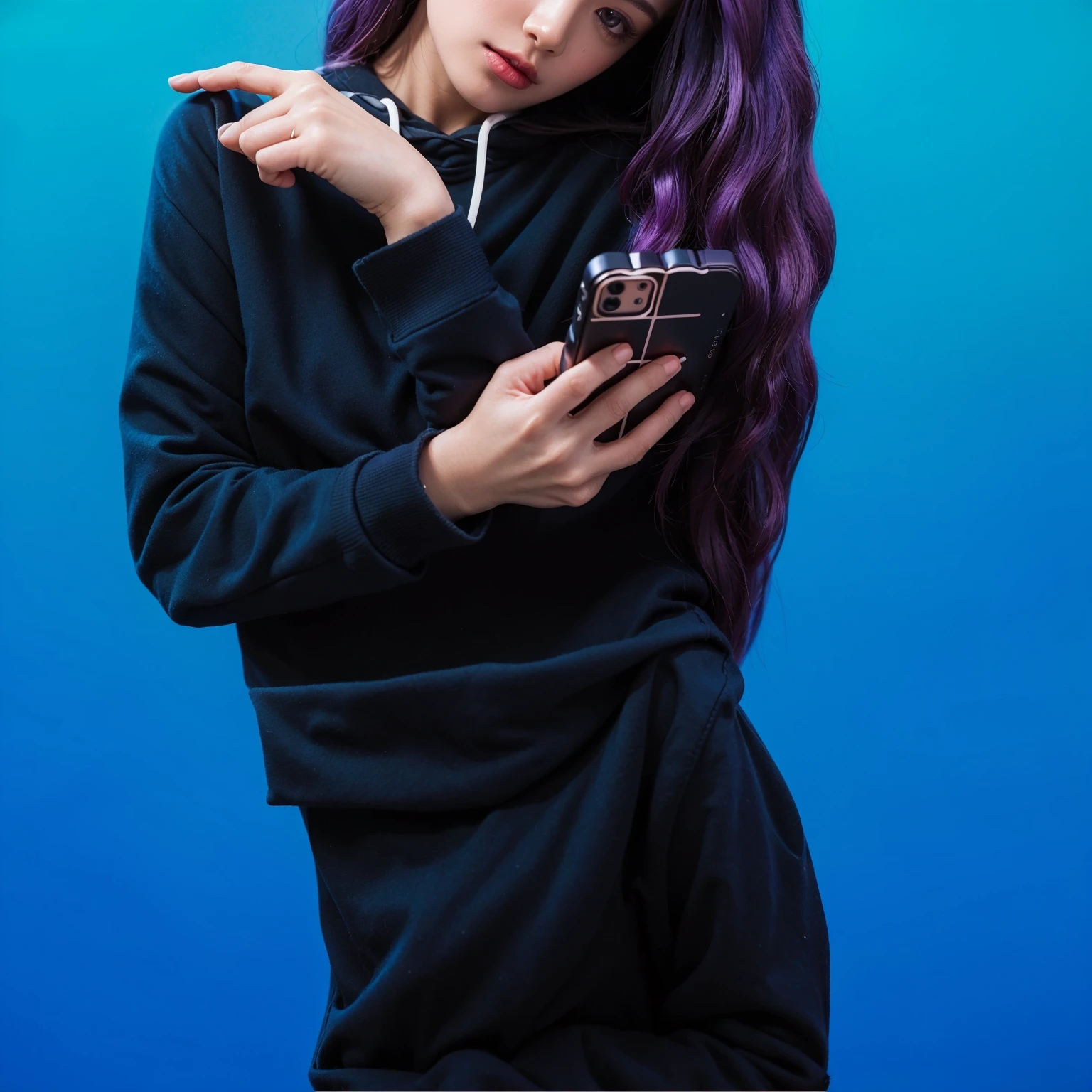 The image features a young woman with striking purple hair, wearing a cozy blue hoodie. She's engaged in using her smartphone, which she holds with a focused intensity. Her makeup is dramatic, featuring dark purple lipstick that complements her vibrant hair. The simplicity of her attire contrasts with her vivid hair and makeup, adding an intriguing layer to her appearance. The blue background complements her outfit, enhancing the overall cool tone of the image. The overall composition of the image is both eye-catching and charming, effectively conveying a sense of joy and creativity.ffects render, (glossy plastic texture with multiple big light probe refractions), perfect cgi, smooth silhouette, high intensity refraction, (super glossy plastic material), most beautiful vfx, , realistic, 4k, high resolution, rim light, smooth 3d model, multiple light sources, rim light, sharp post effects render,, realistic, 4k, high resolution, rim light detailed digital art, reflective, best quality, 4k, masterpiece:1.2, ultra-detailed, realistic, vivid colors, The image of the highest quality, ensuring every detail showcased perfectly. It in 4k resolution, allowing viewers to immerse themselves in the richness of the colors and intricate details. The realistic rendering. under the spotlight, reflecting, high-resolution image, realistic rendering