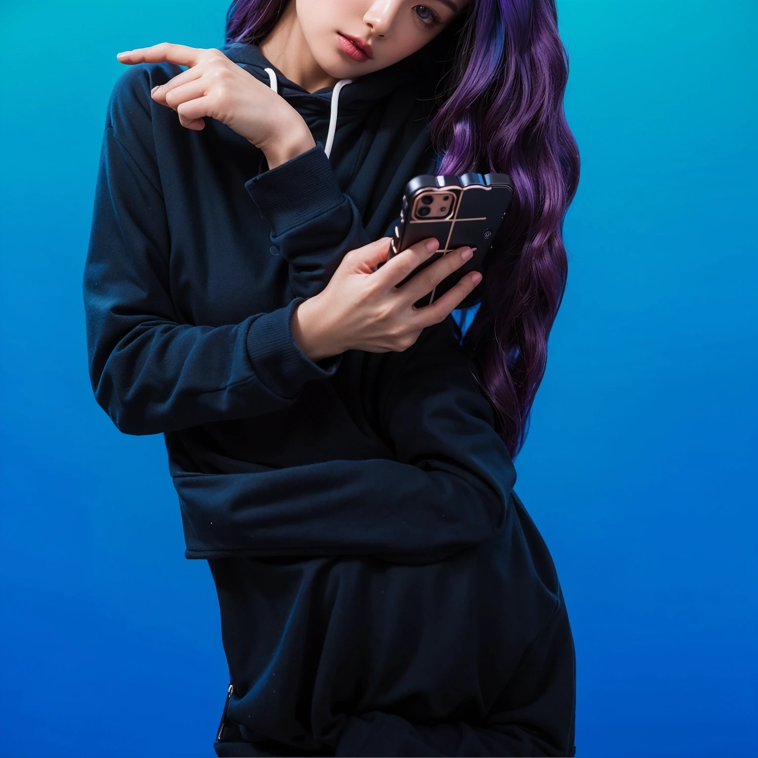 The image features a young woman with striking purple hair, wearing a cozy blue hoodie. She's engaged in using her smartphone, which she holds with a focused intensity. Her makeup is dramatic, featuring dark purple lipstick that complements her vibrant hair. The simplicity of her attire contrasts with her vivid hair and makeup, adding an intriguing layer to her appearance. The blue background complements her outfit, enhancing the overall cool tone of the image. The overall composition of the image is both eye-catching and charming, effectively conveying a sense of joy and creativity.ffects render, (glossy plastic texture with multiple big light probe refractions), perfect cgi, smooth silhouette, high intensity refraction, (super glossy plastic material), most beautiful vfx, , realistic, 4k, high resolution, rim light, smooth 3d model, multiple light sources, rim light, sharp post effects render,, realistic, 4k, high resolution, rim light detailed digital art, reflective, best quality, 4k, masterpiece:1.2, ultra-detailed, realistic, vivid colors, The image of the highest quality, ensuring every detail showcased perfectly. It in 4k resolution, allowing viewers to immerse themselves in the richness of the colors and intricate details. The realistic rendering. under the spotlight, reflecting, high-resolution image, realistic rendering