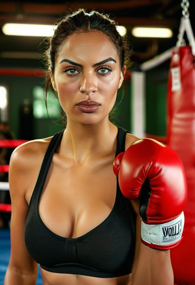 A woman in a boxing ring posing for a photo, wmma. A woman in a black tank top and red boxing gloves. Portrait of a female boxer, fierce expression, sweat on her face, boxing gloves, [Realistic], (strong lighting: 1.2), (boxing ring scene: 1.1), (4k resolution. Black sports bra and shorts, Boxer gloves, With attentive eyes, boxing stance, waist line 1 hyper-realistic real photo, frontal close-up, swinging a boxing glove in front of the camera with passion and anger, preparing to throw a strong punch Completely Arafed woman with green eyes. head up. Pose of a strong, muscular woman, determined expression, fierce look, athletic build, confident pose, beautiful young black woman 25 years old with voluminous dark skin with brown highlights, green eyes, beautiful green eyes, green eyes,. realistic, detailed green eyes, ultra-realistic, symmetrical, hyper-realistic (eyeliner, long and perfect eyelashes, the nose is small and proportional to the face and the soft contour of the face that accentuates the high cheekbones, attractive mouth and). irresistible, well-defined lips, full lips, voluminous lips, seductive lips, captivating, striking, unforgettable and enigmatic black lipstick. The face is oval, with high cheekbones and a well-defined chin, a beautiful and detailed face. Black lipstick, gothic makeup. Skin tone: Olive skin, healthy and even glow, with olive skin, dark skin, sexy girl with olive skin, detailed skin texture, beautiful and glowing skin, intricate details, smooth skin, healthy and radiant appearance. Hourglass body, voluptuous body, slender woman, Huge breasts, well-toned tummy, slim waist, Wide hips, big hips, huge butt, thick thighs, Long shapely legs. 50mm lens, f/2.8, hdr, RAW photo (8K), high quality resolution 8K uhd, dslr, 2k, 4K, 8K, 16K.