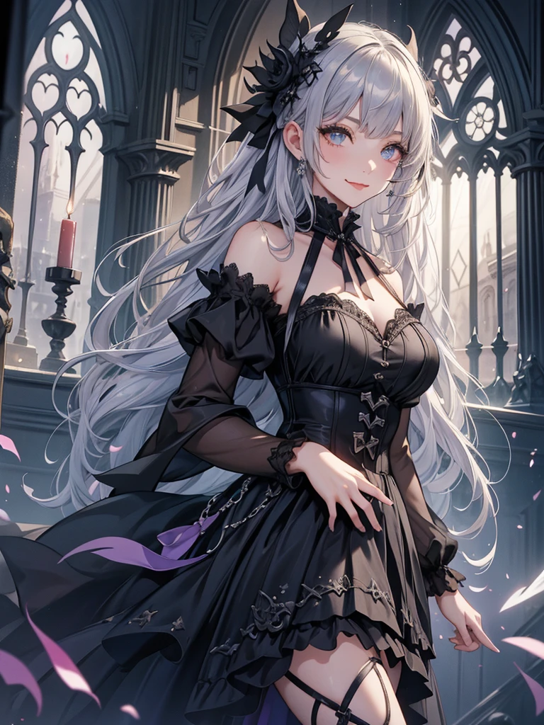 One girl, masterpiece, View your viewers,  illumination, Particles of light, Gray Hair, Torn clothing, crazy, Yandere, Psychopathic, crazy expression, Licking lips, The pupils constrict, crazy smile, crazy eyes, Conceit, Gothic architecture, Big window behind the girl, A charming Western alley、Gothic architecture、Western architecture、Fantasy World、