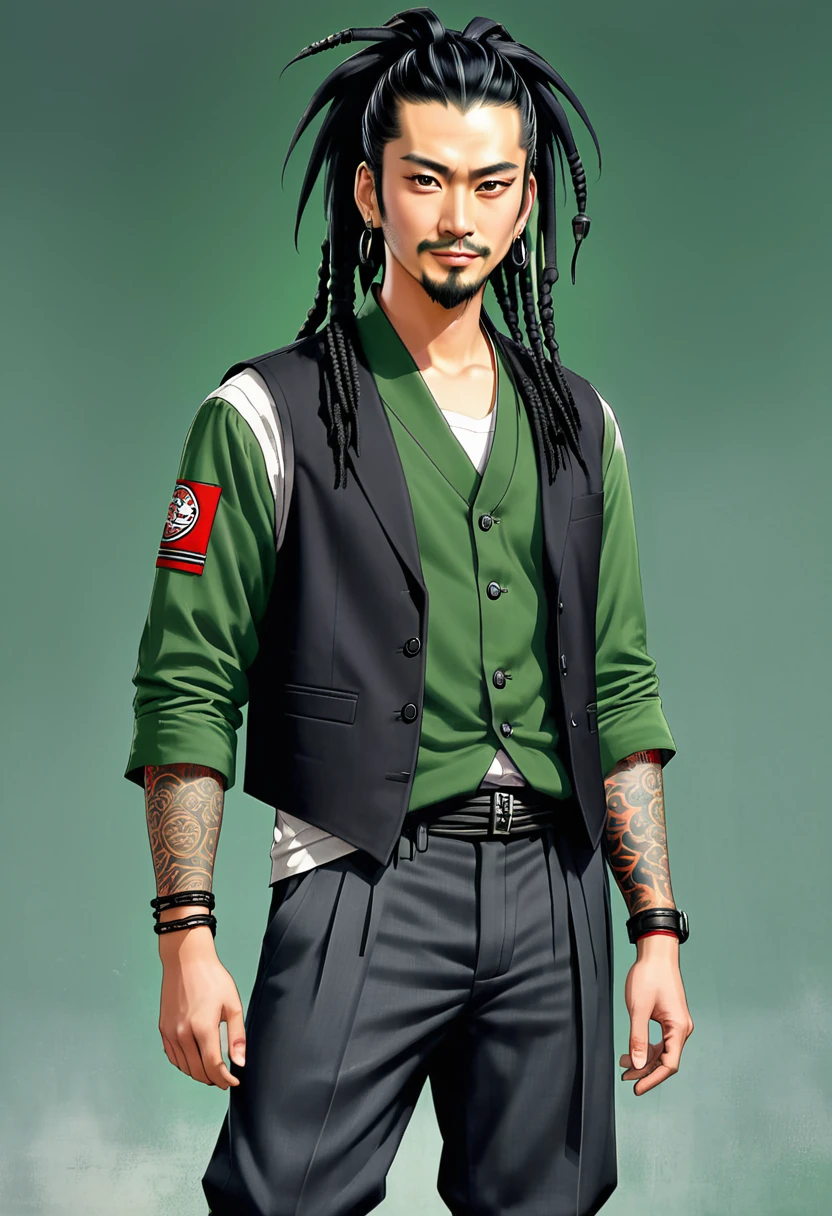 Wang appears as man with a fair build and a rather ghastly look on his face which reflects his true personality with his smug grin and his slanted eyes. He has a black hair tied in dreadlocks, wearing a black vest with a number 8 on his back and a grey shirt tucked in on the sleeves and a dark green pants which is also the uniform that were used by his clan mates. In addition, to prove himself he is the leader of the clan, he also has several red stripped tattoos on his arm.