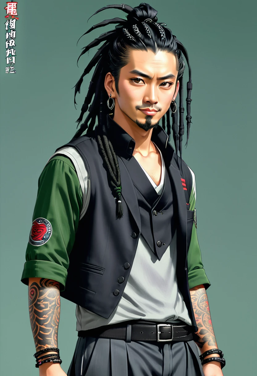 Wang appears as man with a fair build and a rather ghastly look on his face which reflects his true personality with his smug grin and his slanted eyes. He has a black hair tied in dreadlocks, wearing a black vest with a number 8 on his back and a grey shirt tucked in on the sleeves and a dark green pants which is also the uniform that were used by his clan mates. In addition, to prove himself he is the leader of the clan, he also has several red stripped tattoos on his arm.
