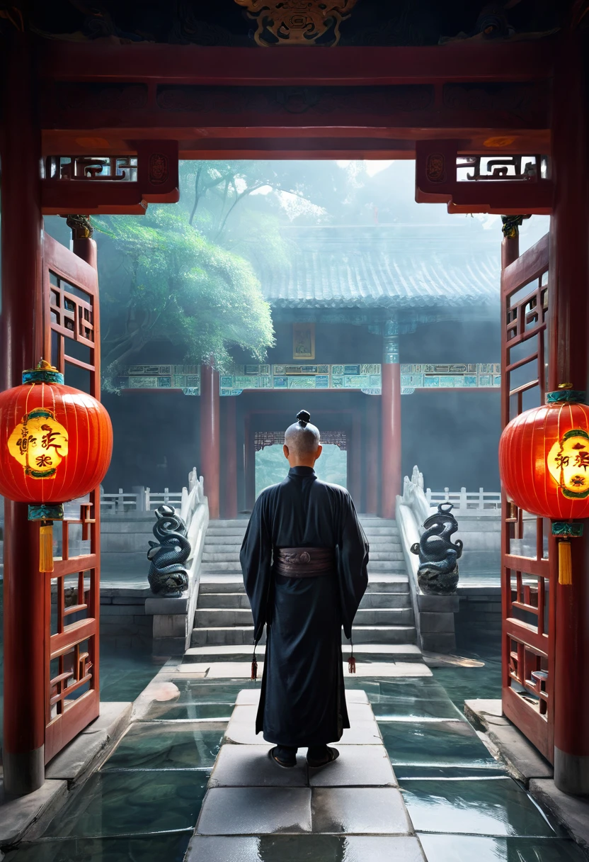 Ancient China, Temple, (Mysterious Black Mist), Journey to the West, Judge, Elder, Glazed Tiles, Buddha Statues, Lanterns, Absurdity, Realistic Lighting, (Abyss) Masterpiece, High Quality, Exquisite Graphics, High Detail, Undersea, Water Prison, Male, Snake Spirit