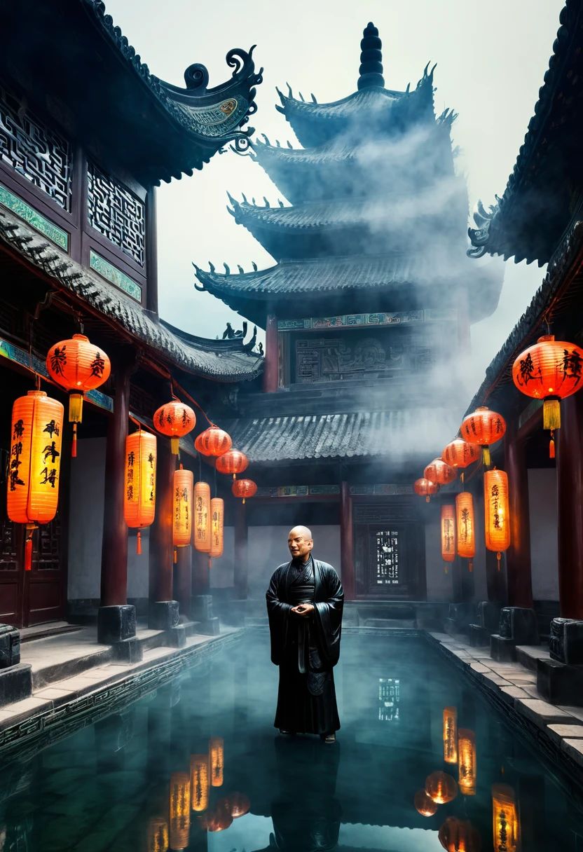 Ancient China, Temple, (Mysterious Black Mist), Journey to the West, Judge, Elder, Glazed Tiles, Buddha Statues, Lanterns, Absurdity, Realistic Lighting, (Abyss) Masterpiece, High Quality, Exquisite Graphics, High Detail, Undersea, Water Prison, Male, Snake Spirit  