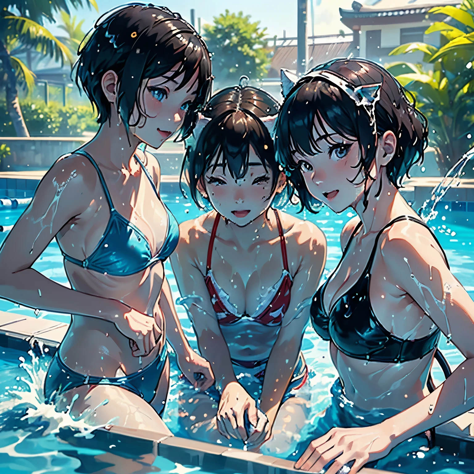 (Pool Party:1.2)、(3 people:1.4)、(Beautiful Japanese Woman、20-year-old)、(whole body)、(Playing:1.2)、(Water Play:1.4)、(Splash:1.4)、(dynamic:1.4)、 (Detailed depiction of a beautiful face)、Smile、Small breasts、(Cat ear)、Medium Short Hair、Bobcut、(Colorful Swimsuits)、(Highest quality, masterpiece, High resolution)、4k anime art、