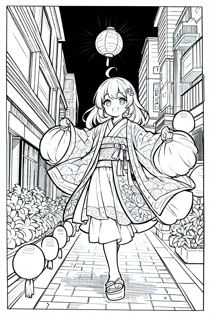 As a coloring book, the color should be black and white, the border should be simple, clear, and bold. A bubbly Asian girl with a contagious smile is enjoying a lively [matsuri festival] in the bustling streets of Tokyo. She is wearing a festive [kimono with goldfish pattern], the vibrant colors blending with the energy of the crowd. The girl's hands are clapping to the rhythm of the music, and her hair is adorned with a colorful [hair ornament]. The festival lanterns and street decorations provide a festive backdrop for the coloring book illustration.
