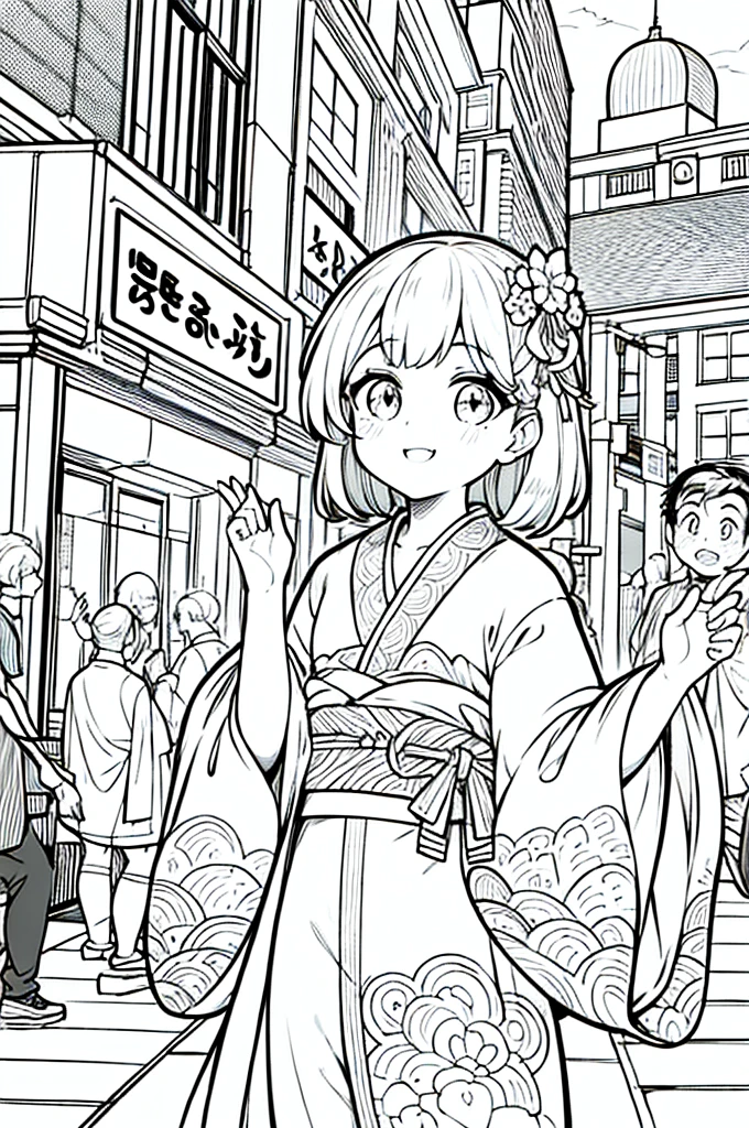 As a coloring book, the color should be black and white, the border should be simple, clear, and bold. A bubbly Asian girl with a contagious smile is enjoying a lively [matsuri festival] in the bustling streets of Tokyo. She is wearing a festive [kimono with goldfish pattern], the vibrant colors blending with the energy of the crowd. The girl's hands are clapping to the rhythm of the music, and her hair is adorned with a colorful [hair ornament]. The festival lanterns and street decorations provide a festive backdrop for the coloring book illustration.
