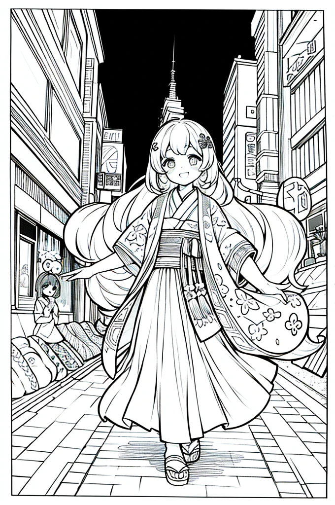 As a coloring book, the color should be black and white, the border should be simple, clear, and bold. A bubbly Asian girl with a contagious smile is enjoying a lively [matsuri festival] in the bustling streets of Tokyo. She is wearing a festive [kimono with goldfish pattern], the vibrant colors blending with the energy of the crowd. The girl's hands are clapping to the rhythm of the music, and her hair is adorned with a colorful [hair ornament]. The festival lanterns and street decorations provide a festive backdrop for the coloring book illustration.
