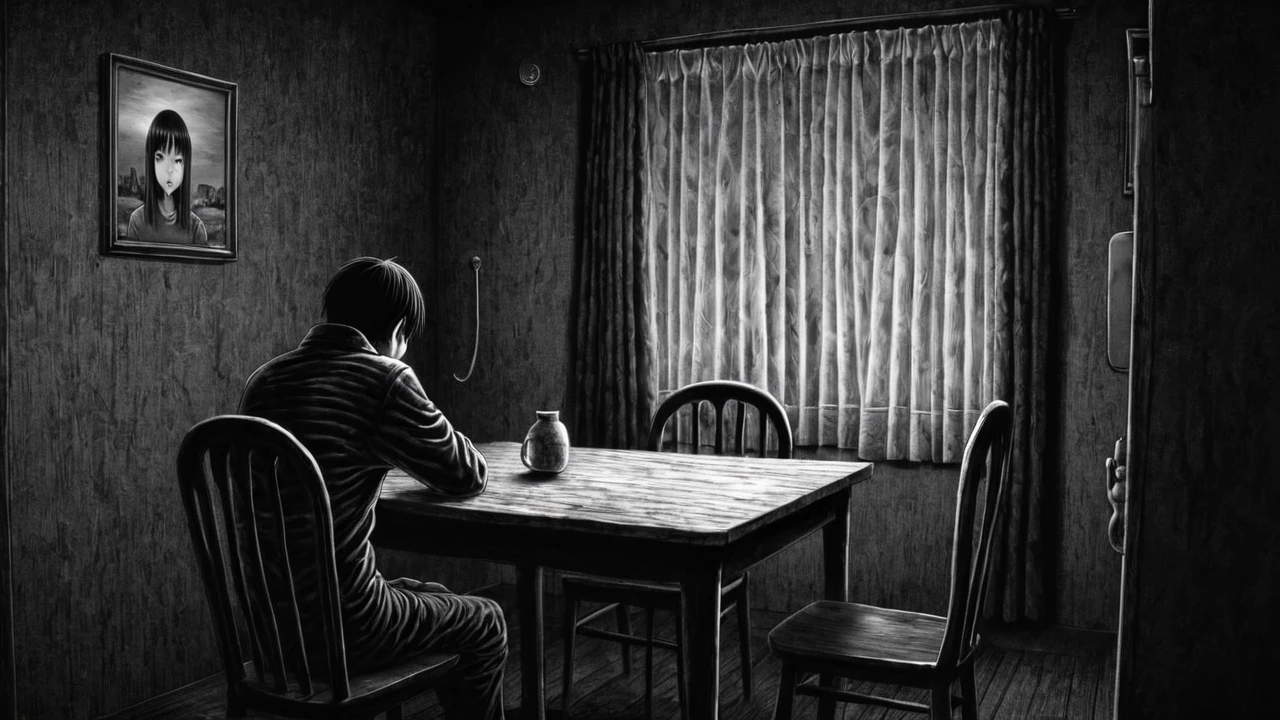 A dark and poorly lit room, A man is sitting at the table, with your back to the window, The dim light reveals a shadowy figure discreetly peering through the half-open curtains., Your eyes glow faintly in the darkness, creating an atmosphere of suspense and intrigue, Bizarre scenario, This is Junji, black andwhite, 8K, アニメ, horor, disturbing, nasty, grimdark, rotten, by Junji Ito, detailded, Surrealism