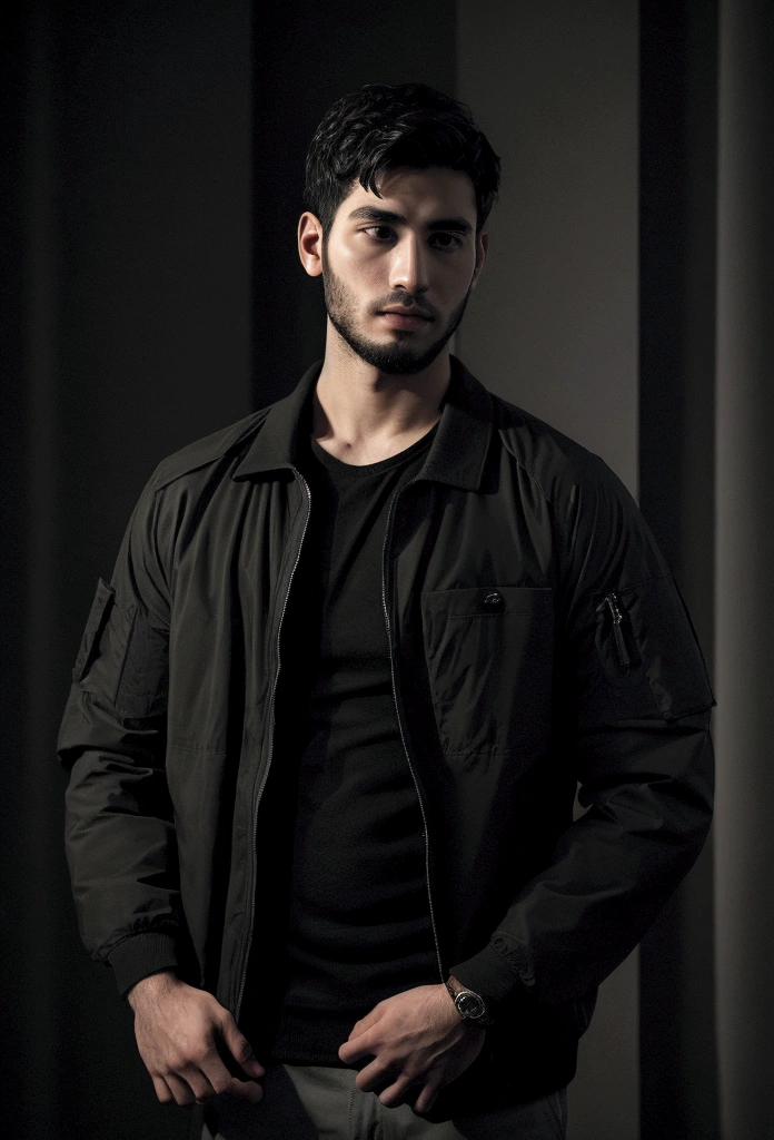 ((best qualityer)), ((realistic shoulders)), (detailded), ung 26-year-old man in an extremely dark room with poor lighting, He has a trimmed beard and short hair back and little muscle., dressed in dark clothes , dark shirt and jacket without showing the belly