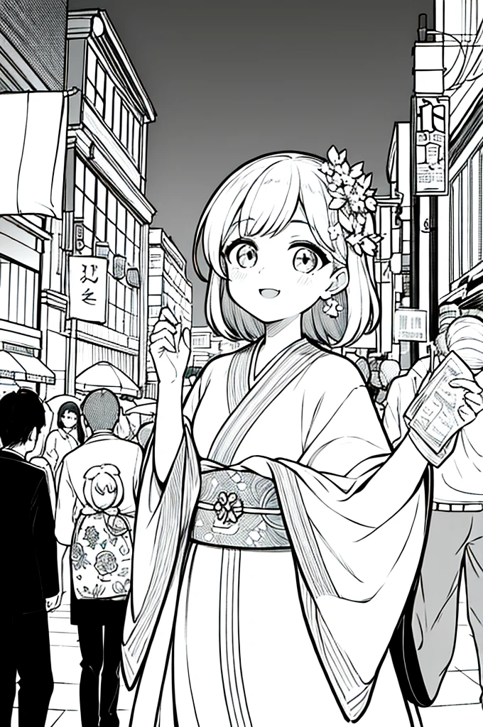 As a coloring book, the color should be black and white, the border should be simple, clear, and bold. A bubbly Asian girl with a contagious smile is enjoying a lively [matsuri festival] in the bustling streets of Tokyo. She is wearing a festive [kimono with goldfish pattern], the vibrant colors blending with the energy of the crowd. The girl's hands are clapping to the rhythm of the music, and her hair is adorned with a colorful [hair ornament]. The festival lanterns and street decorations provide a festive backdrop for the coloring book illustration.
