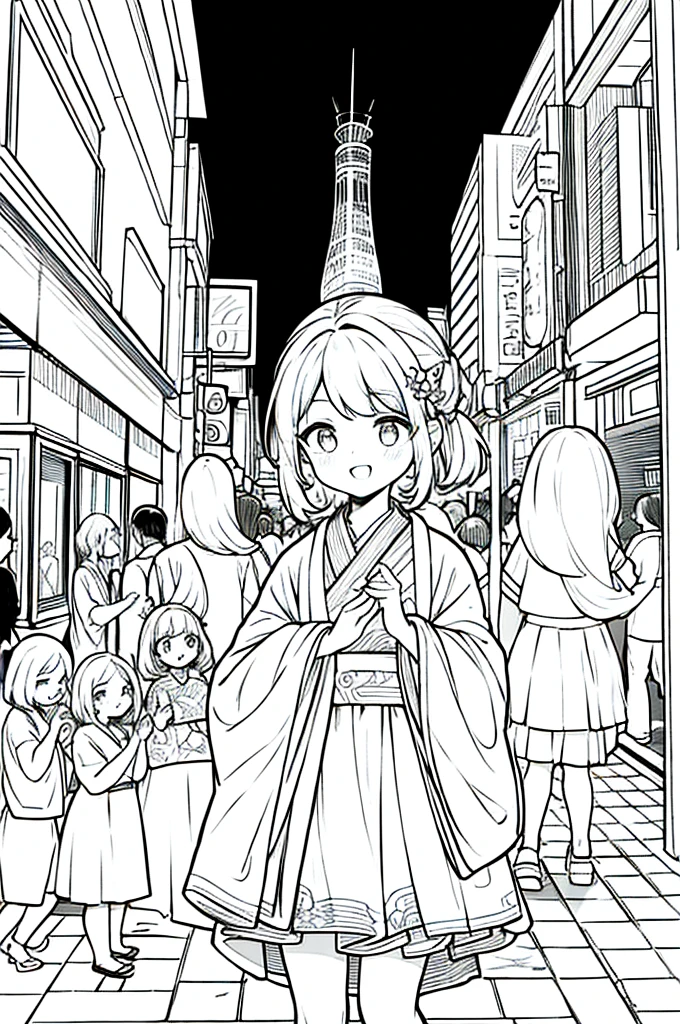 As a coloring book, the color should be black and white, the border should be simple, clear, and bold. A bubbly Asian girl with a contagious smile is enjoying a lively [matsuri festival] in the bustling streets of Tokyo. She is wearing a festive [kimono with goldfish pattern], the vibrant colors blending with the energy of the crowd. The girl's hands are clapping to the rhythm of the music, and her hair is adorned with a colorful [hair ornament]. The festival lanterns and street decorations provide a festive backdrop for the coloring book illustration.
