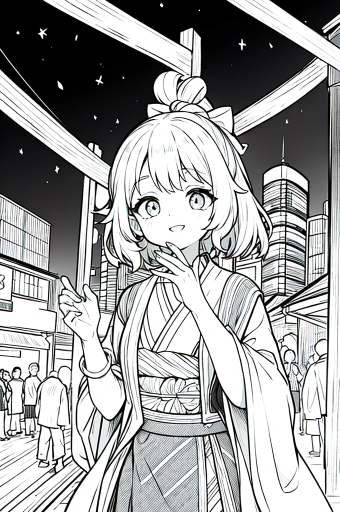 As a coloring book, the color should be black and white, the border should be simple, clear, and bold. A bubbly Asian girl with a contagious smile is enjoying a lively [matsuri festival] in the bustling streets of Tokyo. She is wearing a festive [kimono with goldfish pattern], the vibrant colors blending with the energy of the crowd. The girl's hands are clapping to the rhythm of the music, and her hair is adorned with a colorful [hair ornament]. The festival lanterns and street decorations provide a festive backdrop for the coloring book illustration.
