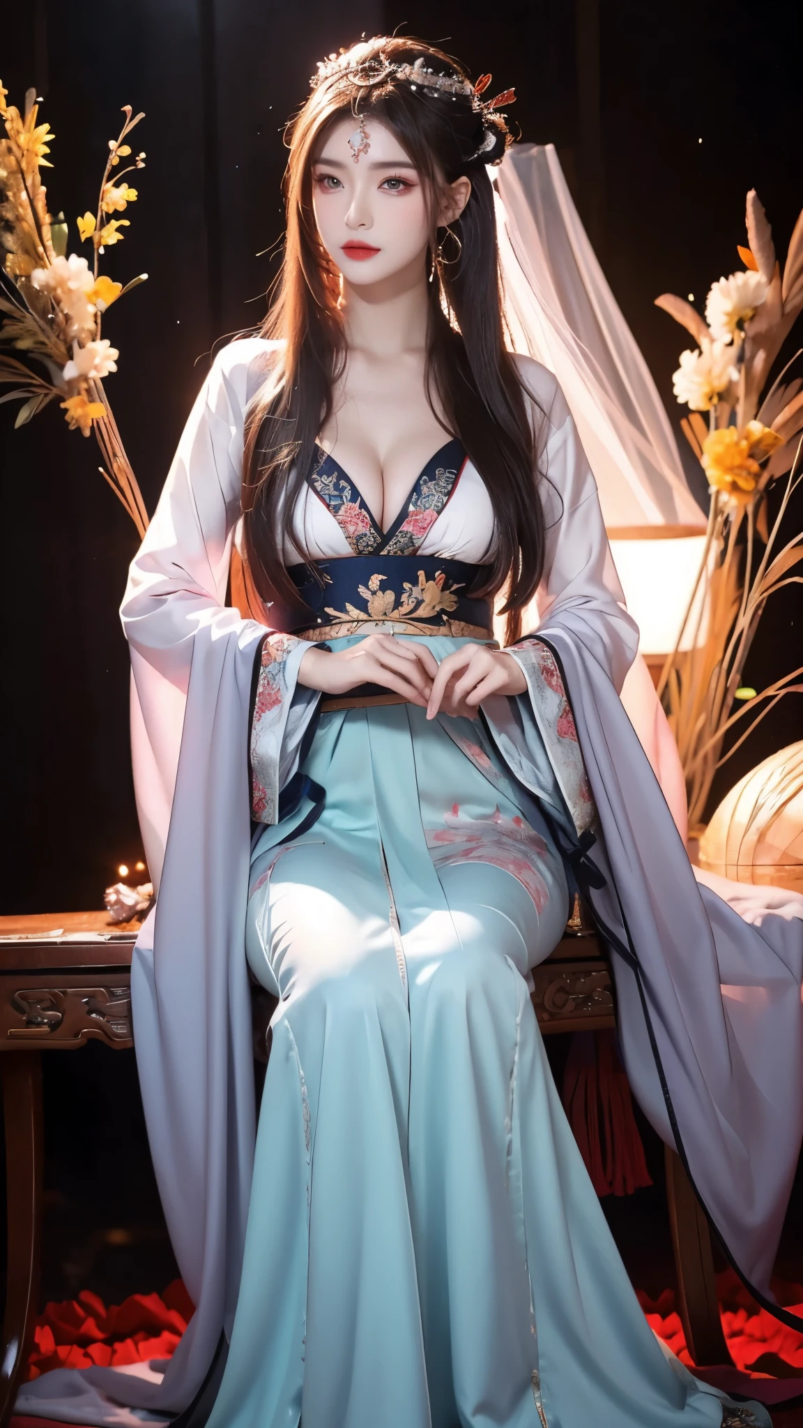 Shaosiming Hanfu, chinese clothes, traditional clothes, layered clothes,dress,red frilled shawl,
wide sleeves, long sleeves, sleeves past wrists, jewelry,hair stick, tiara, gem,ribbon,
hair ornament, purple hair, very long hair, blunt bangs, hair rings, Ultra HD，red makeup,Ancient makeup,8K, masterpiece，Top image quality，A beautiful girl，phcrystal, ((I-type Valley)), ((Chest Window)), ((Visible cleavage)), enjoy,blush,excited,obsessed,表情enjoy, Flowing long hair，Stunning Hairstyle，Crystal texture，sparkling，Skin like jade，Pink dream lights，Vast space background，Sit upright，Full body display，A familiar background。