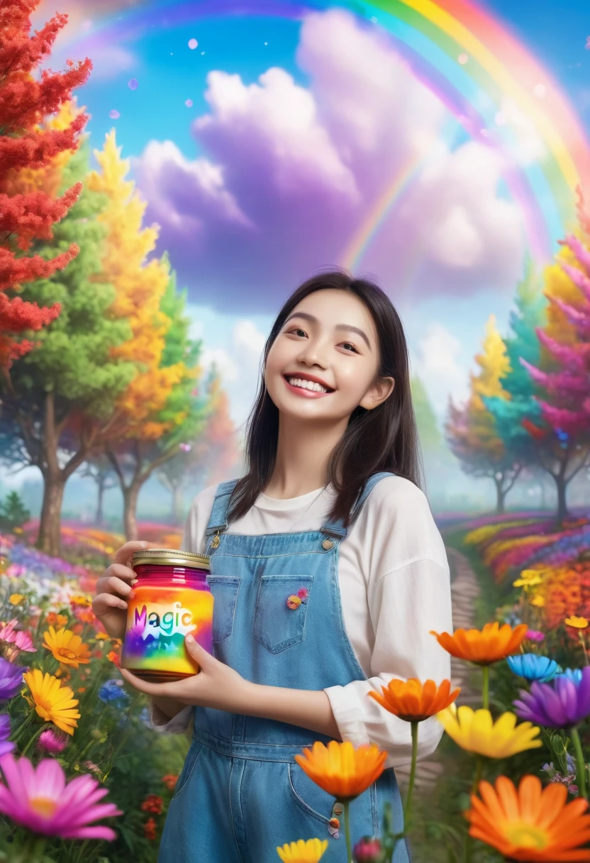 A girl stood there，With a big smile on your face, Holding a jar of magic paint. Surrounded by a magical and colorful environment, There are colorful flowers, Vibrant trees and a rainbow-filled sky. 4K resolution