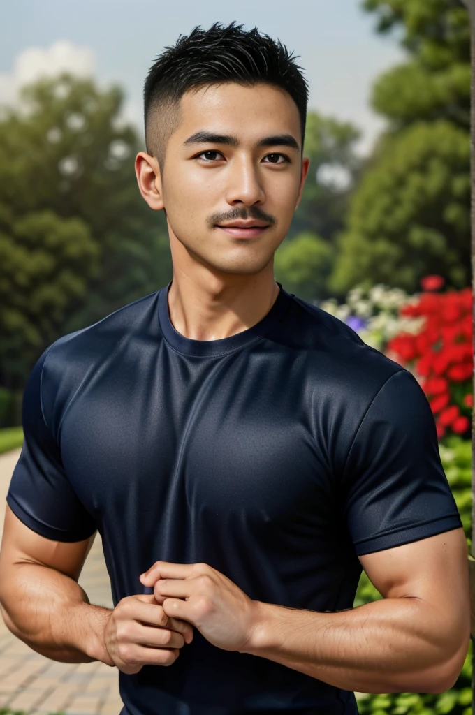 Masterpiece, best quality, high resolution, realistic, handsome, Take beautiful photos, Sayk, NRF, Photo of the 35 year old gym association (The man has a thin mustache.:1.2) Portrait, standing in the garden , make military media, weight, Amazing , Buzzcut short hair,stubble head , (Hyper Muscle),looking at the audience, Flirt with the camera, charming, (Tight navy blue workout shirt. ),(GS-Male:1), 8K,Bokeh,Portrait,look at the viewer,
