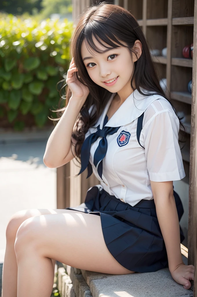 Pure Japanese school girl, sexual attractive, wearing uniform, natural hairstyles, sweet smile, sitting, refreshing in early summer, 