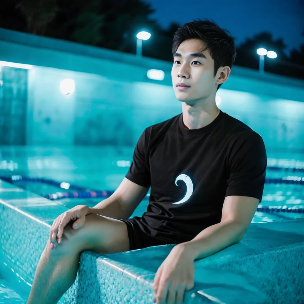 独奏:1.3 ,Korean man, Inspiration from Peng Yuyan,  23 years old, Cute Korean Face, 35 yo, 33 year old Korean muscular man，Sitting near the swimming pool, black t-shirt, night light view, half moon, Blue lights under the swimming pool, lantern light,