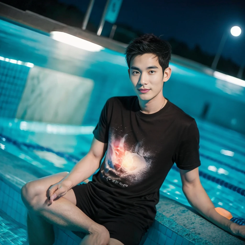 独奏:1.3 ,Korean man, Inspiration from Peng Yuyan, 23 years old, Cute Korean Face, 35 yo, 33 year old Korean muscular man,Sitting near the swimming pool, black t-shirt, night light view, half moon, Blue lights under the swimming pool, lantern light,