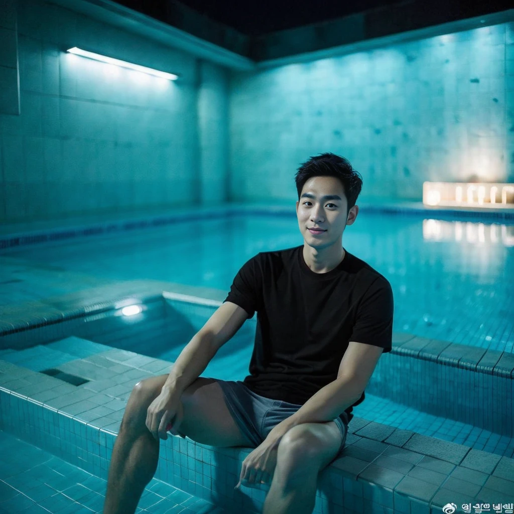 独奏:1.3 ,Korean man, Inspiration from Peng Yuyan, 23 years old, Cute Korean Face, 35 yo, 33 year old Korean muscular man,Sitting near the swimming pool, black t-shirt, night light view, half moon, Blue lights under the swimming pool, lantern light,