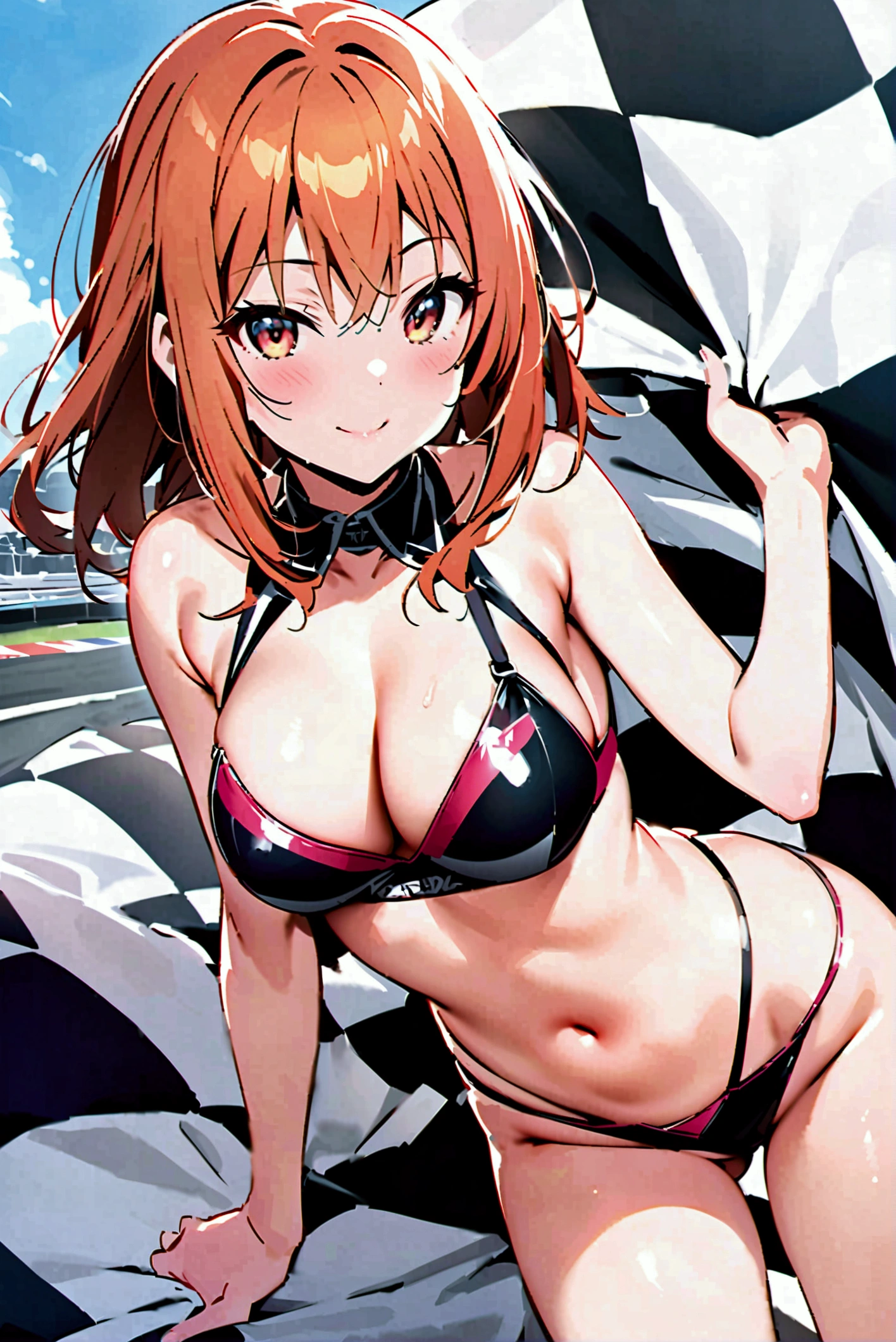 Highest quality,masterpiece,Auto racing circuit,Gravure idol,Revealing swimsuit,Checkered Flag,smile,Race Queen,They are kind enough to pose for photos