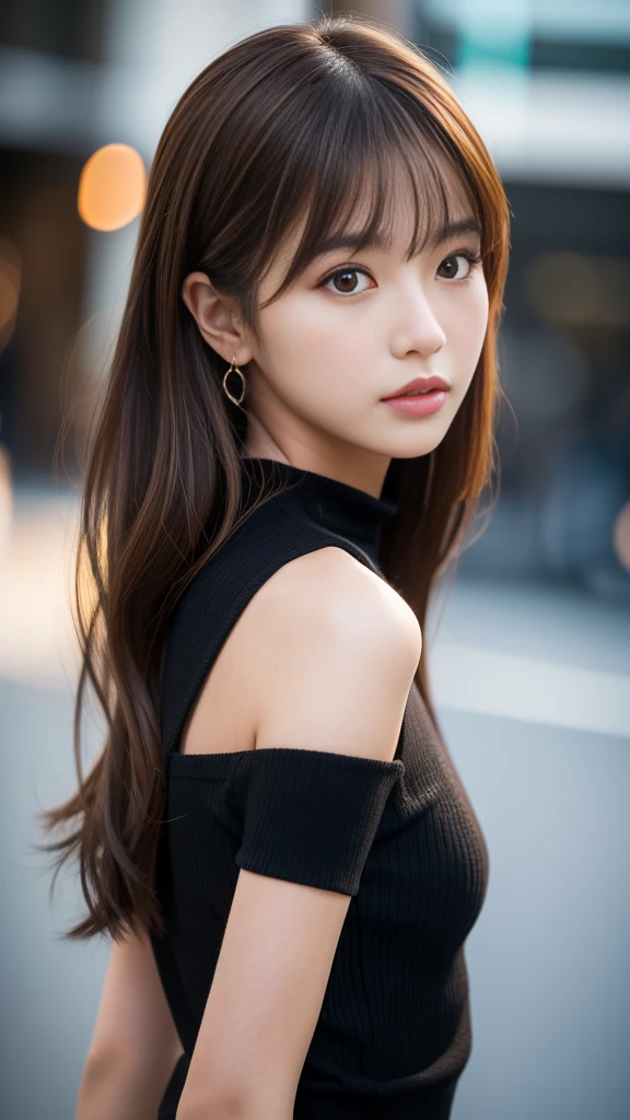 Ultra High Definition, Superior Quality, Premier Quality, ultra detailed, Photorealistic, 8k, RAW Photos, highest quality, masterpiece, Attractive girl, Stunning girl, Brown Hair, Shoulder Length Layered, asymmetrical bangs, K-pop Idol, Sophisticated girl, Black knit, Shibuya,