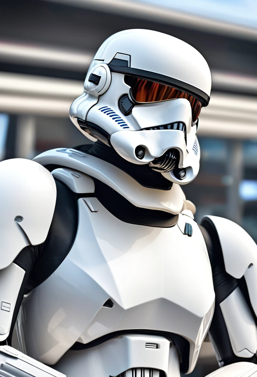 perfect hands, perfect finger,perfect anatomy, masterpiece, best quality,realistic, hyperrealistic, 16k hdr,1 mature female,,white Stormtrooper in Star wars,white full face helmet,white armor,large breasts,