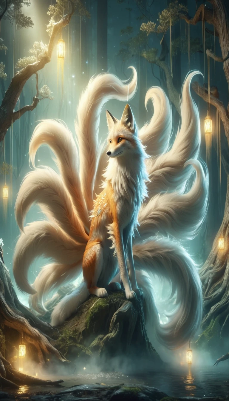 "A beautiful nine-tailed fox、Full moon night、Standing in a mysterious forest。The fox has silvery fur、Its tail is divided into nine shining segments.。The fox's eyes are a deep blue、Wisdom and magic。
(Highest quality,4K,8K,Superior,masterpiece:1.2),Super detailed,(real,Photo realistic,Photo realistic:1.37),Very detailed drawings of animals,Complex patterns,real照明,Fantasy creatures
