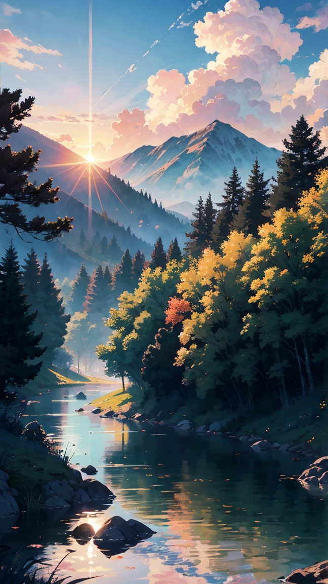 /imagine prompt: A Ghibli-style serene landscape at sunset, a peaceful lake reflecting the sun, surrounded by mystical mountains. Warm and soft lighting, enchanting atmosphere, hd quality, inspired by Nausicaä of the Valley of the Wind and Kiki's Delivery Service, pastel colors, intricate hand-drawn textures, lush greenery, dreamy and tranquil environment --ar 16:9 --v 6.0