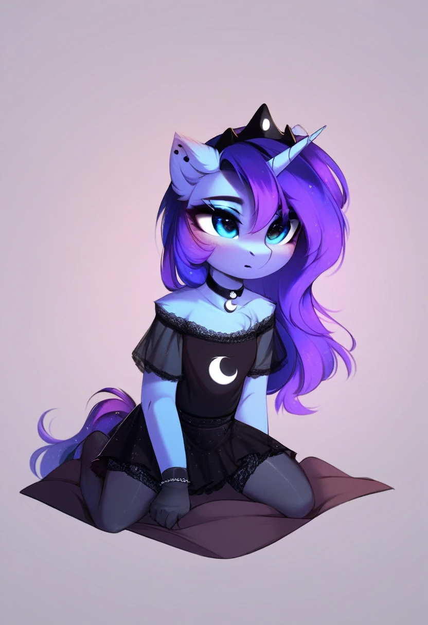 check_9, check_8_up, check_7_up, source_fluffy, rating_safe, from Magnaluna, Luna poses seductively in a gothic bedroom, antro, blushing, blue body, purple mane, see through black skirt 