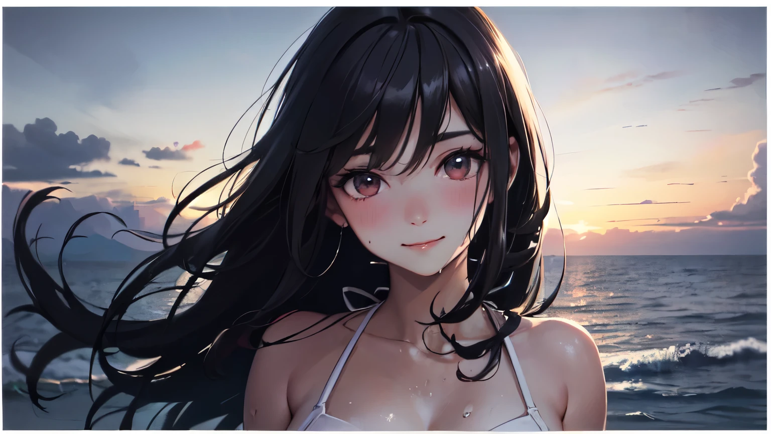 masterpiece、Anime Art、Highest quality, masterpiece, (Realistic:1.2), 1 Girl, (High resolution、whole body、17-year-old beautiful girl、165cm、Long black hair down to the waist、Glowing black eyes、Round eyes、Thick eyebrows、端正でbeautiful、cute、Wet White Bikini、、No makeup、A shy smile、Shy, Blushed, [(Transparent Background:1.5)::5], (((masterpiece))), (((Highest quality))),(((Very detailed))), One Girl, Mystical Eyes, Very detailedな, A light smile, Very detailedな顔, beautiful, Finer details, Very detailedな, Highest quality, 8K, It was a hot topic on Art Station., Excellent anatomy, beautiful lighting,、color々stop temporarily、Wet Hair、Your body is wet、sweating、詳細なAnime Artワーク, Beautiful and attractive anime women、Ocean、Tropical atmosphere、トロピカルなOcean