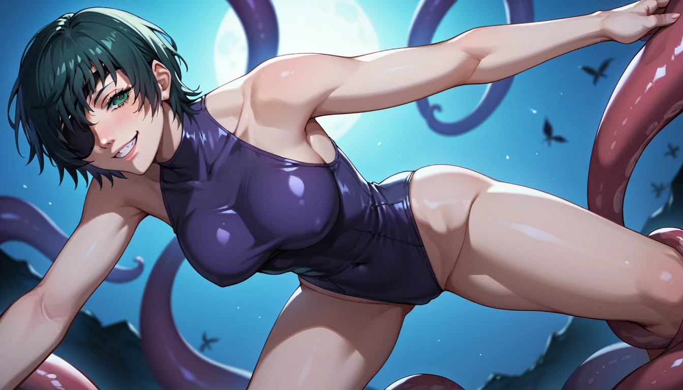 mature female, mature, Adult, himeno, himeno(Chainsaw Man), 1girl, black hair, short hair, eyepatch, solo, seductive smile, grin, nsfw, Villains, Bending forward, Spread arms, Raise arms, A small pink smooth octopus sticks to the top of himeno's head, chest, View your audience, Cave, a large number of tentacles entangled in the body, lots of octopus tentacles, night, Dark, latex purple leotard, dramatic angle, unique perspective, unique angle, masterpiece, Top animation quality,Top image quality,