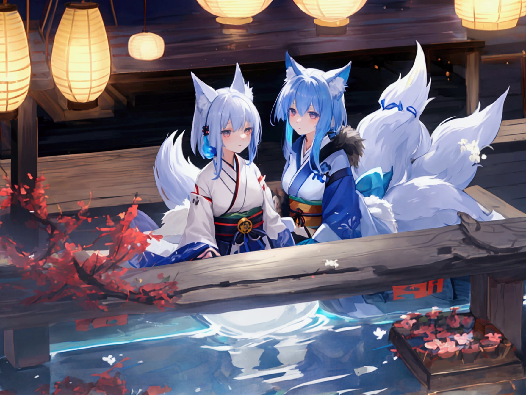 fox Light blue hair 　beast girl　indigo fur　fox beast girl　fox Light blue hair 　beast girl　indigo fur　fox beast girl　Wallpaper 4k,8k,highly detailled,,vivid colors,detailed kitsune with 9 tails,traditional Japanese artwork,tatami floor,beautiful cherry blossoms,floating lanterns,dark silhouette of a pagoda,subtle moonlight,dense forest,ethereal atmosphere,dappled sunlight,whimsical spirit,serene expression,elaborate kimono and obi,delicate hand-painted details,luminous eyes　Anime Style　fox　blue　White-faced golden-haired nine-tailed fox　Coat blue　　fox Light blue hair 　beast girl　indigo fur　fox beast girl　Anime Style　fox　blue　White-faced golden-haired nine-tailed fox　Coat blue　　　mysterious background　Blue Flame　girl　have a ball of light　fox Light blue hair 　beast girl　indigo fur　fox beast girl　mysterious background　Blue Flame　girl　have a ball of light Anime Style　fox　blue　White-faced golden-haired nine-tailed fox　Coat blue　　　mysterious background　Blue Flame　girl　have a ball of light
