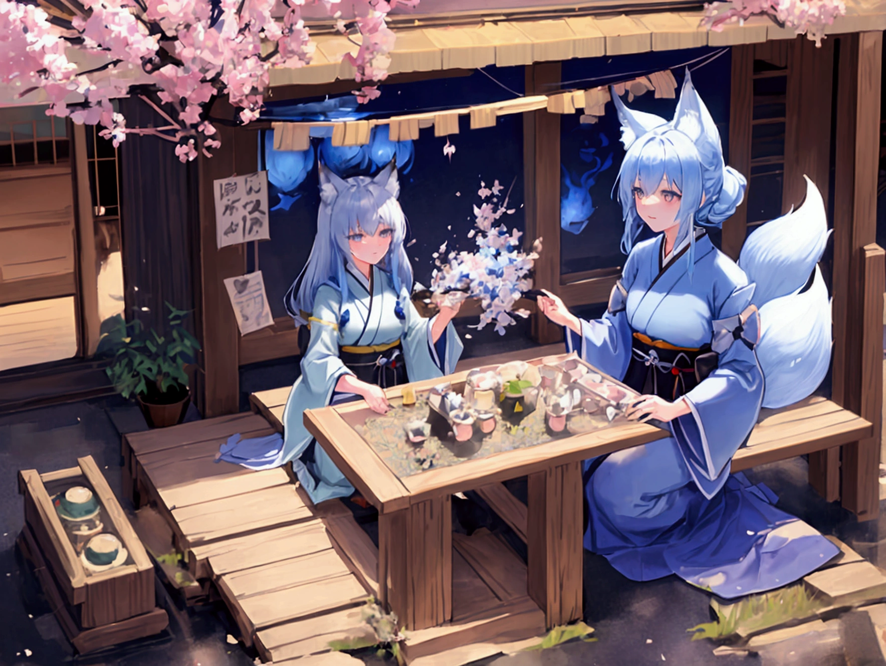 (masterpiece), best quality, expressive eyes, perfect face, luxury japanese style mountain temple background, 3girls, white and blue japanese dress, cleavage, massive large breasts, animal ears, fox ears, sensual, late evening, full body, relaxing, flowers, open air tea ceremony