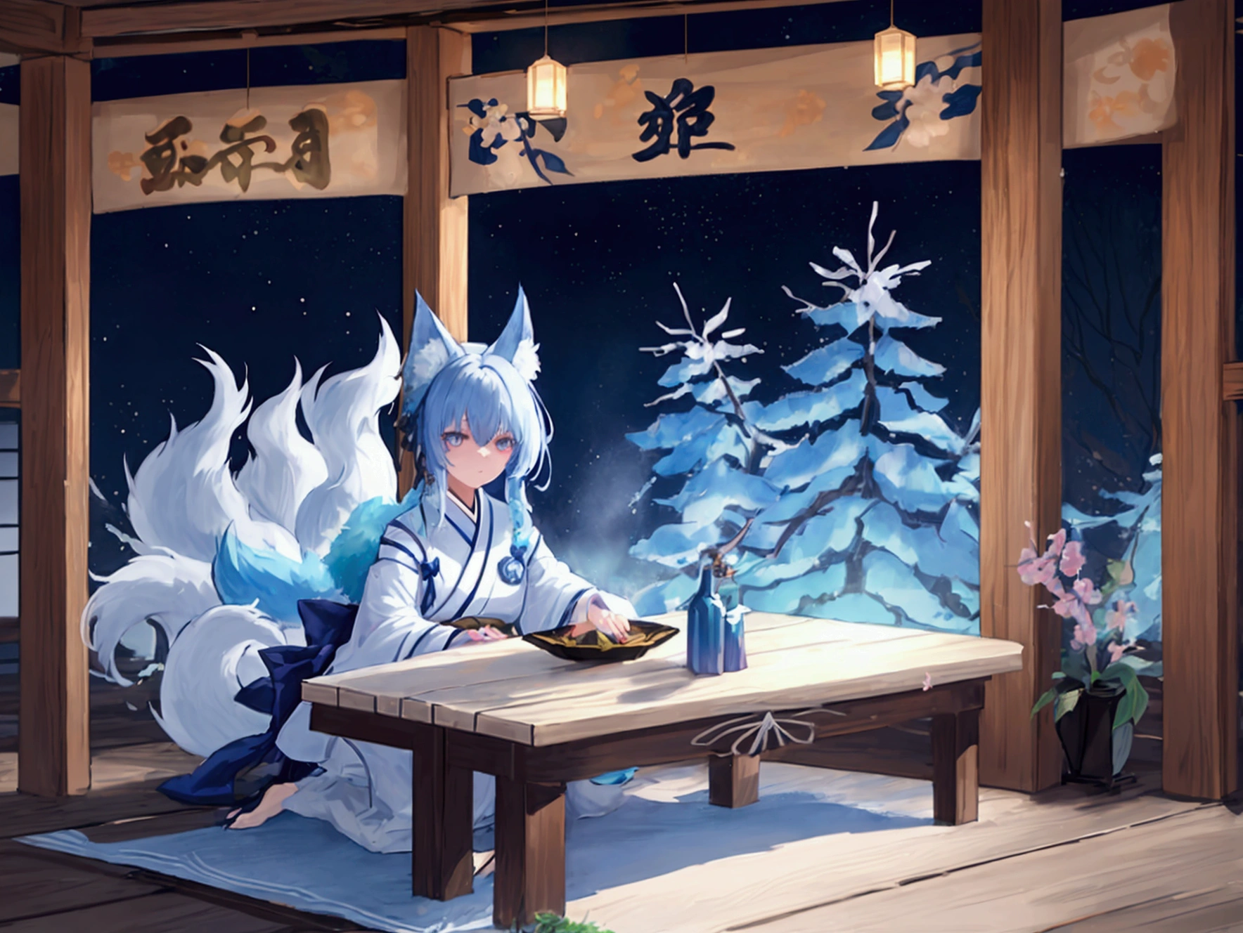 fox Light blue hair beast girl indigo fur fox beast girl fox Light blue hair beast girl indigo fur fox beast girl Wallpaper 4k,8k,highly detailled,,vivid colors,detailed kitsune with 9 tails,traditional Japanese artwork,tatami floor,beautiful cherry blossoms,floating lanterns,dark silhouette of a pagoda,subtle moonlight,dense forest,ethereal atmosphere,dappled sunlight,whimsical spirit,serene expression,elaborate kimono and obi,delicate hand-painted details,luminous eyes Anime Style fox blue White-faced golden-haired nine-tailed fox Coat blue fox Light blue hair beast girl indigo fur fox beast girl Anime Style fox blue White-faced golden-haired nine-tailed fox Coat blue mysterious background Blue Flame girl have a ball of light fox Light blue hair beast girl indigo fur fox beast girl mysterious background Blue Flame girl have a ball of light Anime Style fox blue White-faced golden-haired nine-tailed fox Coat blue mysterious background Blue Flame girl have a ball of light