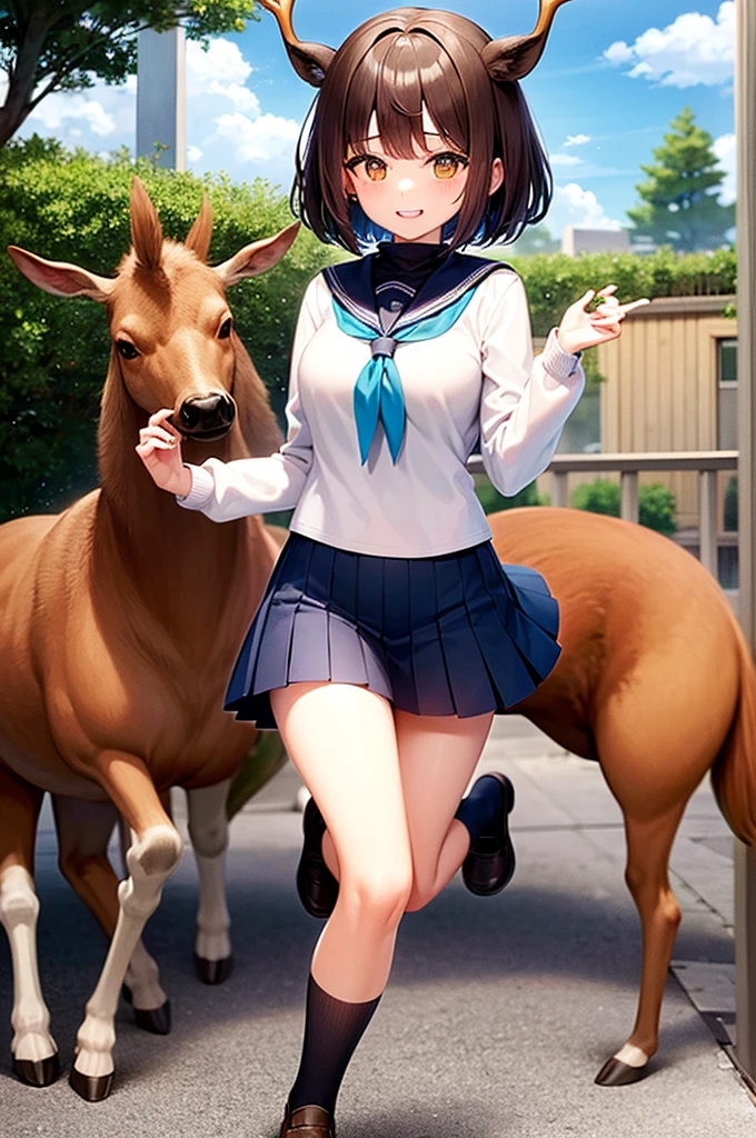 masterpiece, Highest quality, Brown haired beautiful girl、high school girl16age、big eyes(Yellow Eyes)、bob cut、Has deer antlers growing from his head、Sailor suit(white)、scarf(light blue)、Thighs、smug face、smug、Duck mouth、Pleated mini skirt、jumping(1.3)、from be low、School Garden、sunny、morning、miduam weight