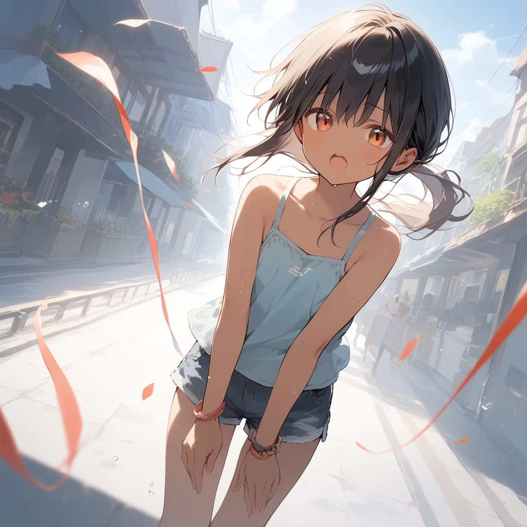score_9, score_8_up, score_7_up, source_anime, best quality, masterpiece, official art, absurdres, highres, ultra-detailed,waifu2x,Collection: Slice of Life,break,1girl, tomboy, dark-skinned female, short hair, low ponytail, flat chest, beautiful detailed eyes, short shorts, sweat, open mouth, (yawn:0.3), sleepily, outdoors, wind,break,(clear line illustration:1.2), super detailed skin,very high resolution, very aesthetic, Best sexual lighting powered by famous artist, 8k,cute picture,beauty illustration,photoshop_(medium),,(Detailed Lighting),best anime 8k konachan wallpaper, pixiv contest winner, 
