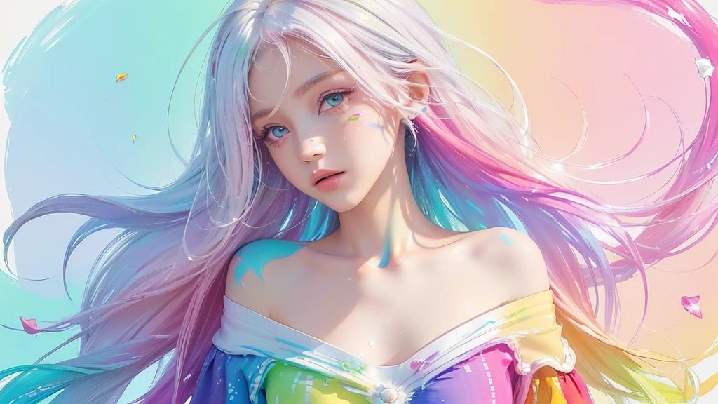 （Pink Fashion T-shirt：1.9），(Colorful hair: 1.8), (all the colours of the rainbow: 1.8),(((((vertical painting：1.6))), （painting：1.6），front, comics, illustrations, paintings, large eyes, crystal clear eyes,（ rainbow color gradient high ponytail：1.7）, exquisite makeup, closed mouth,(Small Fresh: 1.5),(Wipe Chest: 1.6) ，long eyelashes, white off shoulder T-shirt,  White Shoulder Shirt，looking at the audience, large watery eyes, (rainbow colored hair：1.6), color splash, （solo：1.8）, color splash, color explosion, thick paint style, messy lines, ((shining))，(colorful), (colorful), (colorful), colorful, Thick Paint Style, (Splash) (Color Splash), Vertical Painting, Upper Body, Paint Splash, Acrylic Pigment, Gradient, Paint, Highest Image Quality, Highest Quality, Masterpiece, Solo, Depth of Field, Face Paint,  colorful clothes, (Elegant: 1.2), gorgeous,long hair, wind, (Elegant: 1.3), (Petals: 1.4)，(((masterpiece))),(((best quality))),((ultra-detailed)),(illustration),(dynamic angle),((floating)),(paint),((disheveled hair)),(solo),(1girl) , (((detailed anima face))),((beautiful detailed face)),collar,bare shoulders,white hair, ((colorful hair)),((streaked hair)),beautiful detailed eyes,(Gradient color eyes),(((colorful eyes))),(((colorful background))),(((high saturation))),(((surrounded by colorful splashes))),all bodies, same colored back  grounds, Make the background bigger than the face, Mainly in the background, the face is small, I want the person to be on the right or left, angel image, Goddess, Goddess,sexy,soft,,fantastic,sparkling , The person is on the edge, l, moon floating behind her, fantastical night background.”