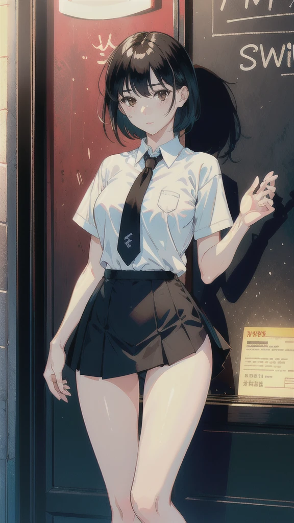 In 8K,Highest quality,The real picture,Intricate details,Ultra-high resolution,Depth Field,Masseter muscle area,Natural soft light,Professional Lighting,One Girl,(cute:1.2),Very beautiful 17 year old girl,Detailed eyes,((Brown eyes)),(Black Hair),(Short-haired),(Bans),Perfect Skin,Glowing Skin,White skin,Fine skin,Big ample breasts,((Perfect Anatomy,Nice hands,Perfect hands,Five fingers connected to the palm,Accurate needles without discomfort)),Perfect bare legs,Delicate legs,Perfect Proportions,Sexy,((Uniform Mini Skirt)),(tie),Black socks,,Lurking deep in the city,I can see your crotch,Show me your panties in the street,Both legs are bent,Legs are spread in an M shape,,I can see your pants,Slender thighs when viewed from the front、Shy expression、Red cheeks、