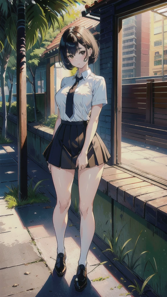 In 8K,Highest quality,The real picture,Intricate details,Ultra-high resolution,Depth Field,Masseter muscle area,Natural soft light,Professional Lighting,One Girl,(cute:1.2),Very beautiful 17 year old girl,Detailed eyes,((Brown eyes)),(Black Hair),(Short-haired),(Bans),Perfect Skin,Glowing Skin,White skin,Fine skin,Big ample breasts,((Perfect Anatomy,Nice hands,Perfect hands,Five fingers connected to the palm,Accurate needles without discomfort)),Perfect bare legs,Delicate legs,Perfect Proportions,Sexy,((Uniform Mini Skirt)),(tie),Black socks,,Lurking deep in the city,I can see your crotch,Show me your panties in the street,Both legs are bent,Legs are spread in an M shape,,I can see your pants,Slender thighs when viewed from the front、Shy expression、Red cheeks、