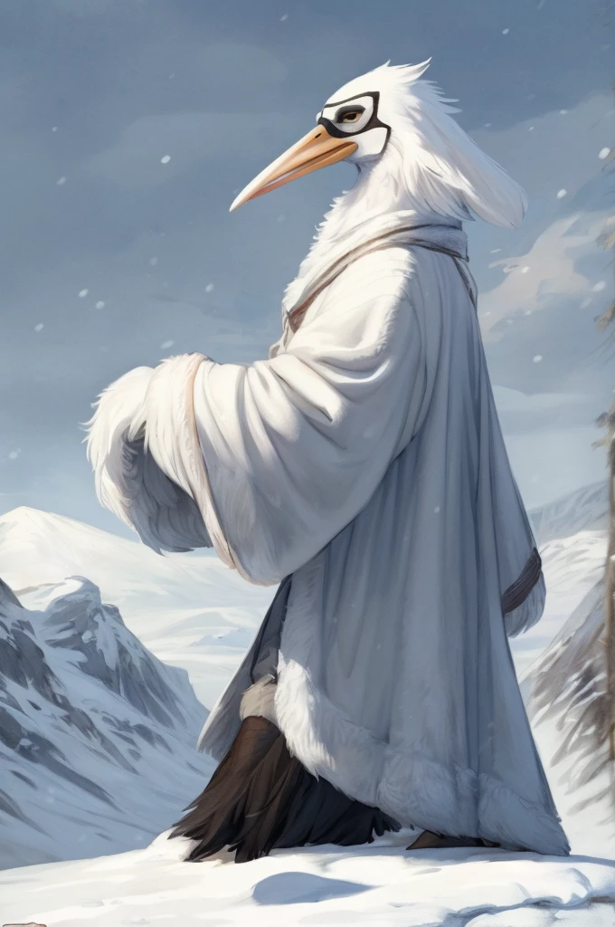 By bebebebebe, by lostgoose, by goonie-san, thin 20 foot tall humanoid creature, ((long white flowing yeti robe, bird stork mask, long white beak, long flowing plumage)), standing on a snowy plateau, on a snow-covered a siberian mountain, arctic, cryptozoology, overcast, moody, horror