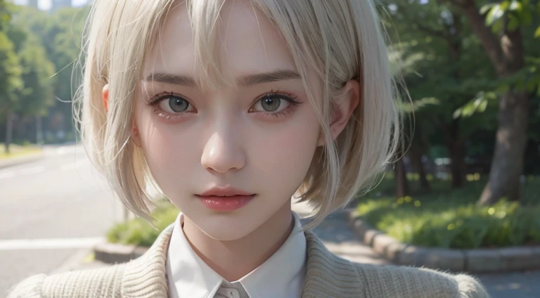 (Bob Cut Hair, Platinum Blonde Hair:1.2),(Wear a cardigan over a collared shirt:1.2),1 girl,Japanese,21 years old,(Small :1.3),(Highest quality,masterpiece:1.3,超A high resolution,),(Ultra-detailed,Caustics),(Photorealistic:1.4,RAW shooting,)Ultra-Realistic Capture,Very detailed,High resolution 16K human skin close-up。 Natural skin texture、,Pores、、It needs to be detailed enough to be easily identifiable。 Skin should be even-toned and healthy looking。 Use natural light and colour, Sad expression, Looking at the camera, Perfect dynamic composition, Outdoor