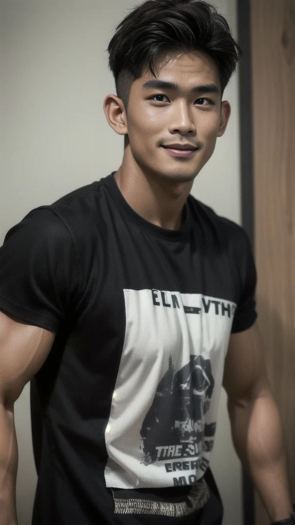 Thai man with short buzz cut hairstyle, handsome, muscular, big muscles, broad shoulders. Model wearing a black t-shirt, standing and smiling.
