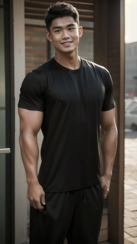 Thai man with short buzz cut hairstyle, handsome, muscular, big muscles, broad shoulders. Model wearing a black t-shirt, standing and smiling.