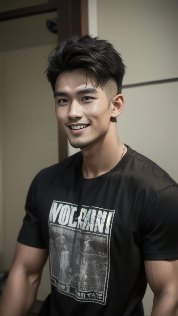 Thai man with short buzz cut hairstyle, handsome, muscular, big muscles, broad shoulders. Model wearing a black t-shirt, standing and smiling.