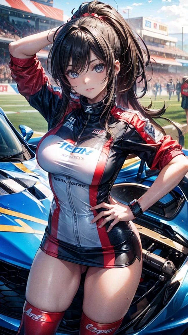 One Woman Race Queen Posing for the camera in front of a sports car