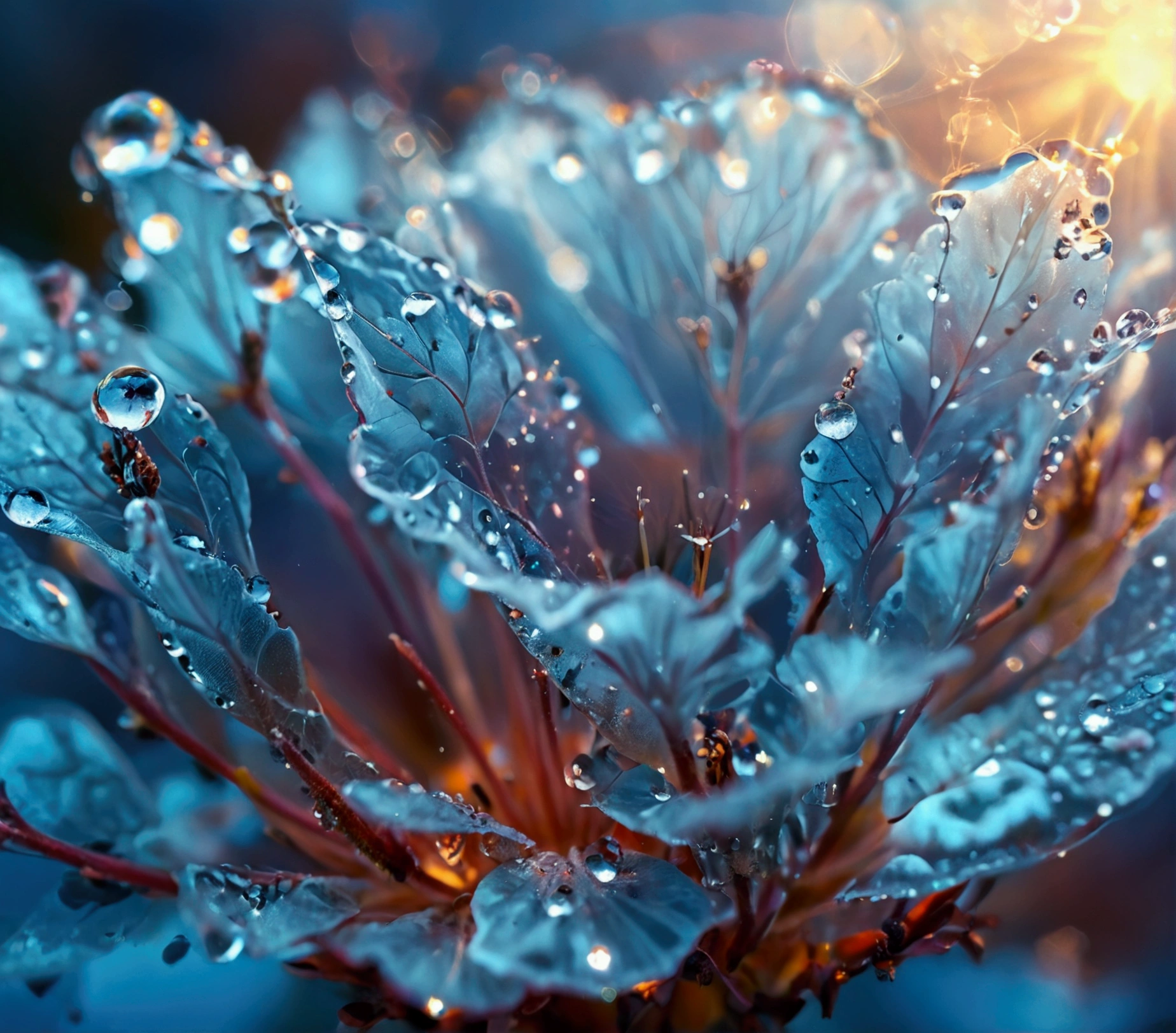 Microcosm , masterpiece , macro photography , cobweb, film grain, Bokeh , Very detailed, clear weather clear weather, micro flower, water droplets, Vague, Realistic close-up of crystal flower, sky blue background, soft contrast, Render by Octane , unreal engine