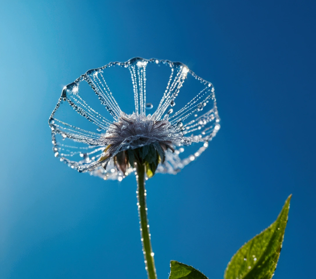 Microcosm , masterpiece , macro photography , cobweb, film grain, Bokeh , Very detailed, clear weather clear weather, micro flower, water droplets, Vague, Realistic close-up of crystal flower, sky blue background, soft contrast, Render by Octane , unreal engine