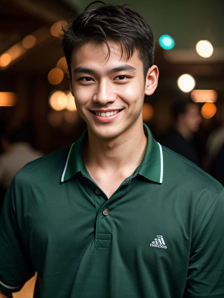 (best quality, 4K, 8K, high resolution, Masterpiece: 1.2), Special details, (realistically, As realistic as a photo, photo realistic: 1.37), Edge lighting, Extra detailed coloring, sharp focus, Physical rendering ,Extremely detailed description,professional,light color,Bokeh,Portrait,look at the viewer,
Young Asian man, 20 years old ,(Wear a dark green polo shirt.), smile